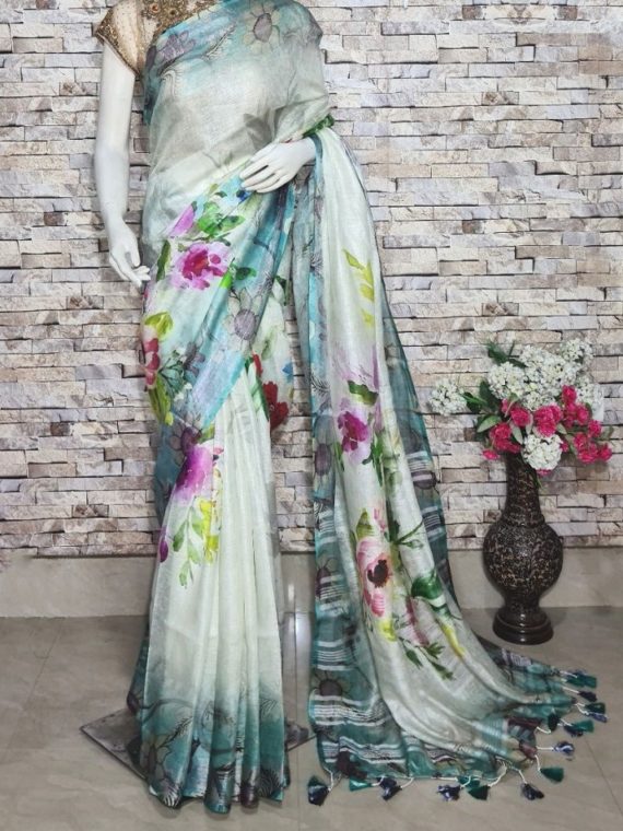 Offwhite Teal Blue Blend Floral Design Digital Print Linen Saree