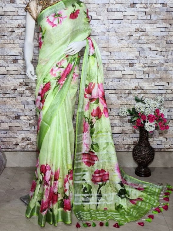 Parrot Green Floral Design Digital Print Linen Saree