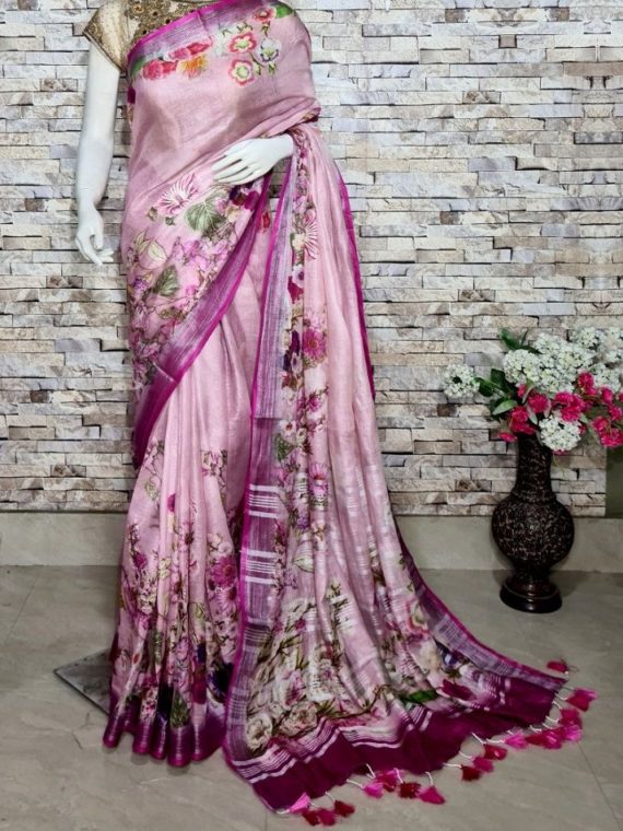 Peach Pink Floral Design Digital Print Linen Saree