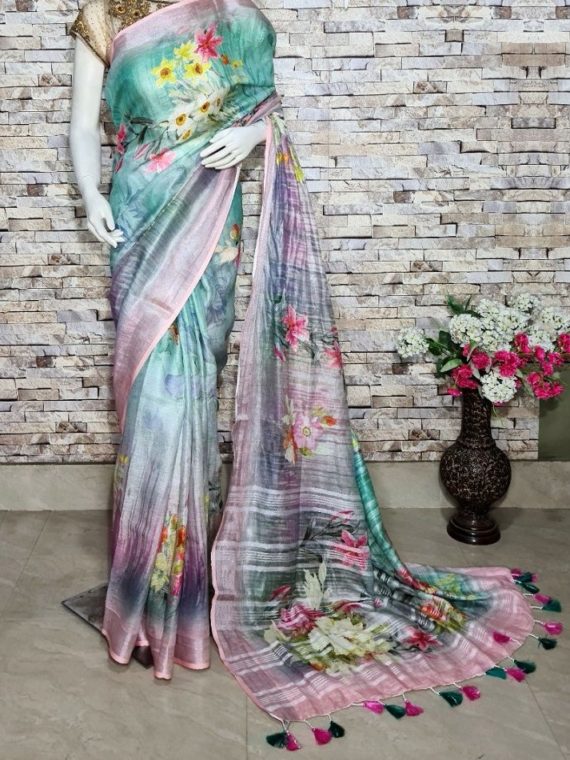 Sea Green Floral Design Digital Print Linen Saree