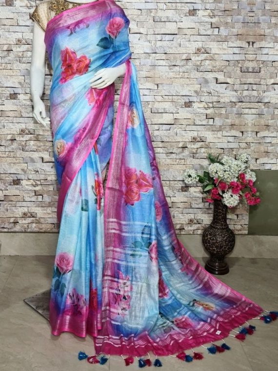 Sky Blue Floral Design Digital Print Linen Saree With Pink Border