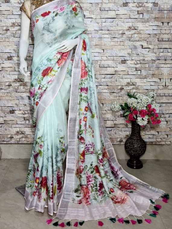 Stunning Sea Green Floral Design Digital Print Linen Saree