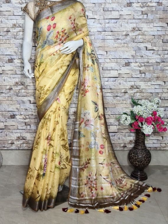 Subtle Yellow Floral Design Digital Print Linen Saree