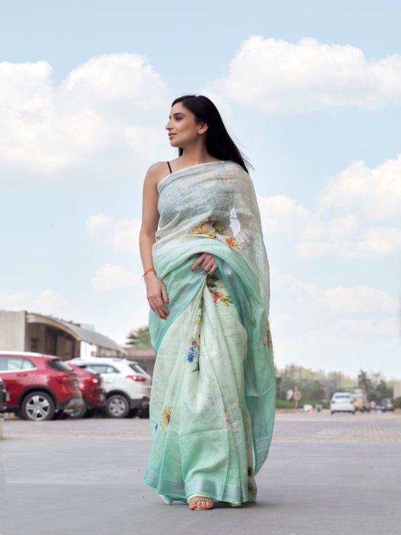 Twin Shade Sea Green Floral Design Digital Print Linen Saree