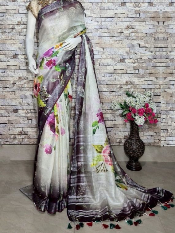 White Black Blend Floral Design Digital Print Linen Saree