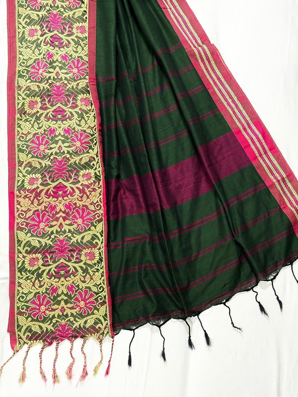 Alluring Dark Green Begumpuri Design Cotton Saree