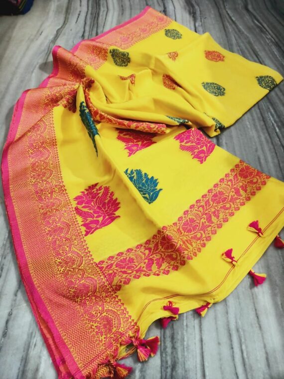 Attractive-Yellow-Linen-Handloom-Saree-with-Banarsi-Design