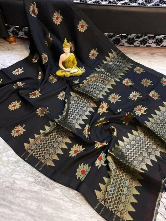 Awesome Black Lotus Design Handwoven Cotton Linen Saree