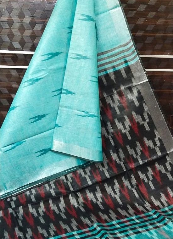 Blue Black Fusion Ikkat Weave Pure Cotton Saree With Silver Border