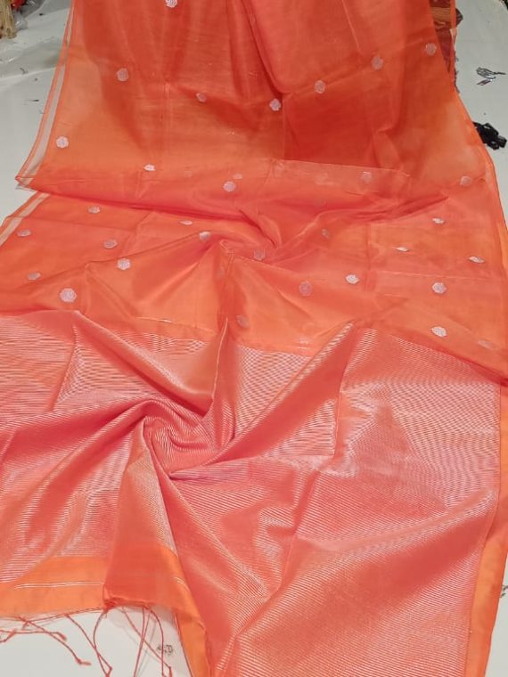 Bright Orange Half And Half Cotton Silk Saree With Small Butti Weave