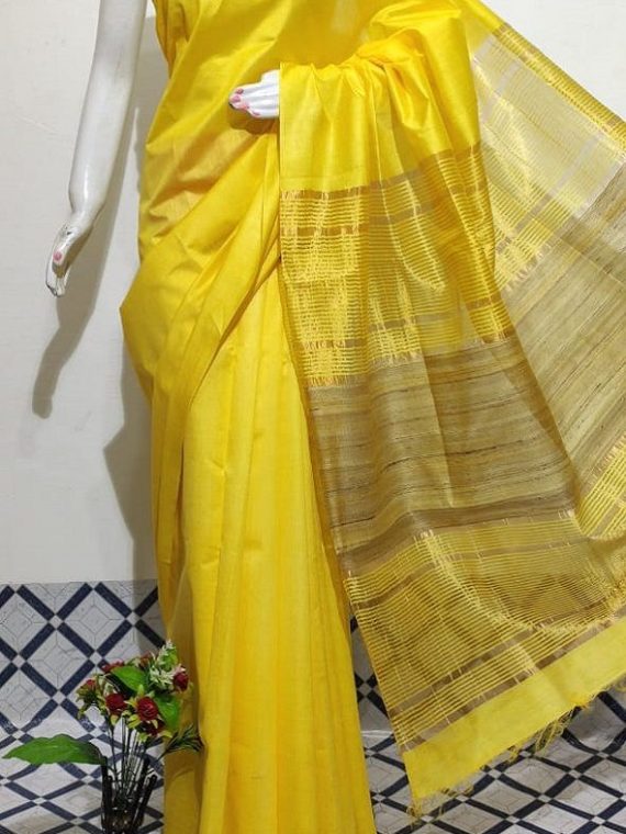 Bright Yellow Handwoven Mulberry Staple Silk Saree With Chiccha Pallu