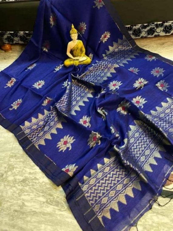 Dark Blue Lotus Design Handwoven Cotton Linen Saree