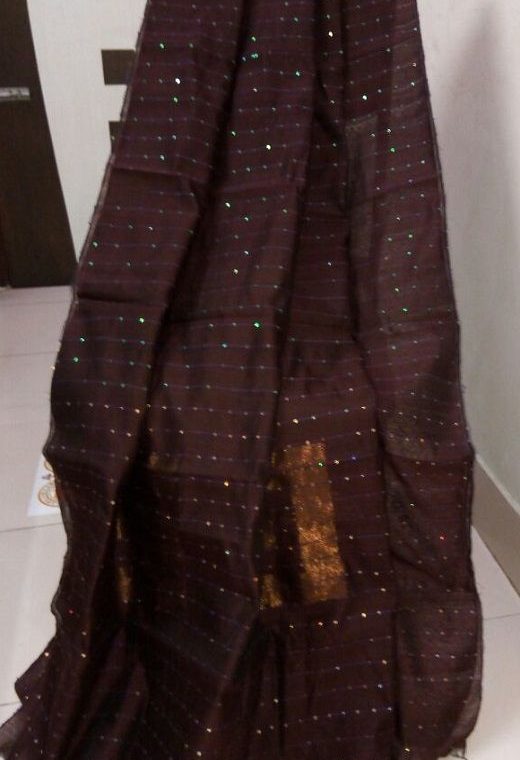 Dark Brown Cotton Silk Sequins Woven Saree