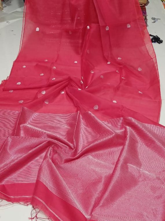 Dark Pink Half And Half Cotton Silk Saree With Small Butti Weave