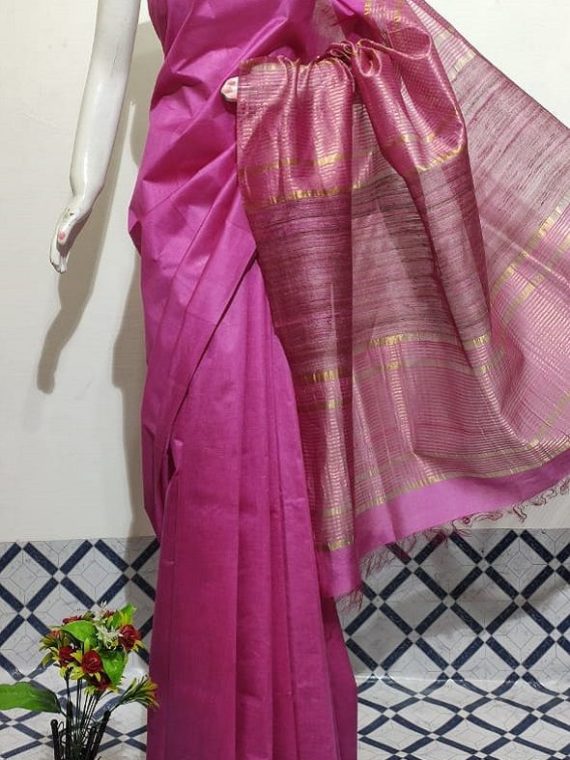 Dark Pink Handwoven Mulberry Staple Silk Saree With Chiccha Pallu