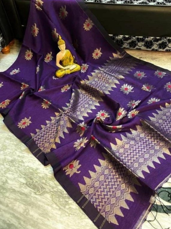 Dark Violet Lotus Design Handwoven Linen Saree