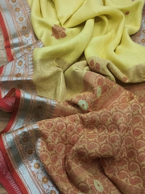 Divine Yellow Linen Banarasi Design Handwoven Saree With Silver Red Border
