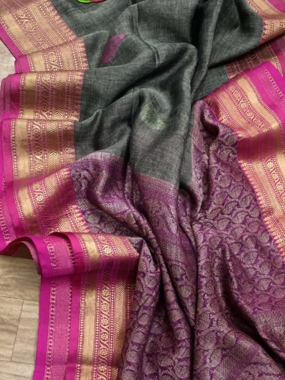 Gorgeous Grey Linen Banarasi Design Handwoven Saree With Golden Pink Border