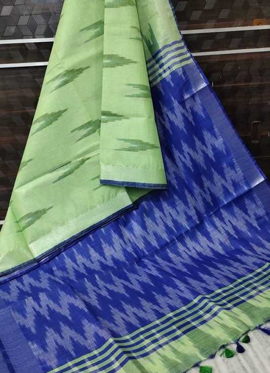 Green Blue Fusion Ikkat Weave Pure Cotton Saree With Silver Border