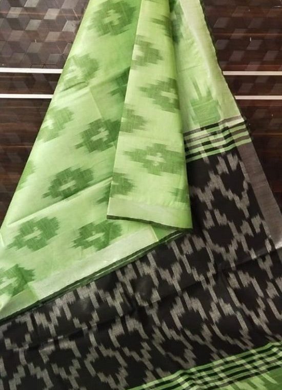 Green Ikkat Weave Pure Cotton Saree With Silver Border