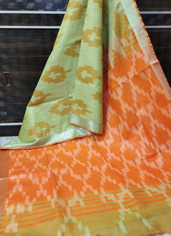 Green Orange Fusion Ikkat Weave Pure Cotton Saree With Silver Border