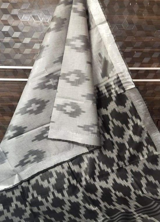 Grey Black Fusion Ikkat Weave Pure Cotton Saree With Silver Border