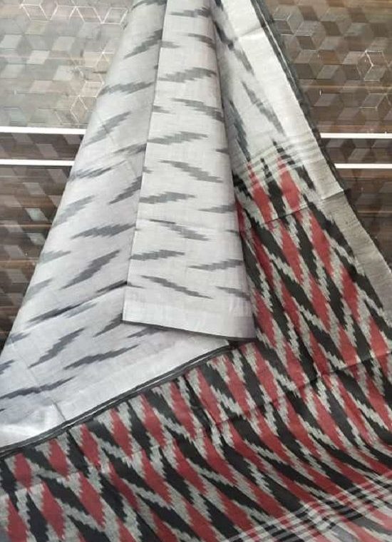 Grey Red Black Fusion Ikkat Weave Pure Cotton Saree With Silver Border