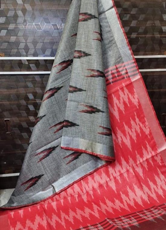 Grey Red Fusion Ikkat Weave Pure Cotton Saree With Silver Border