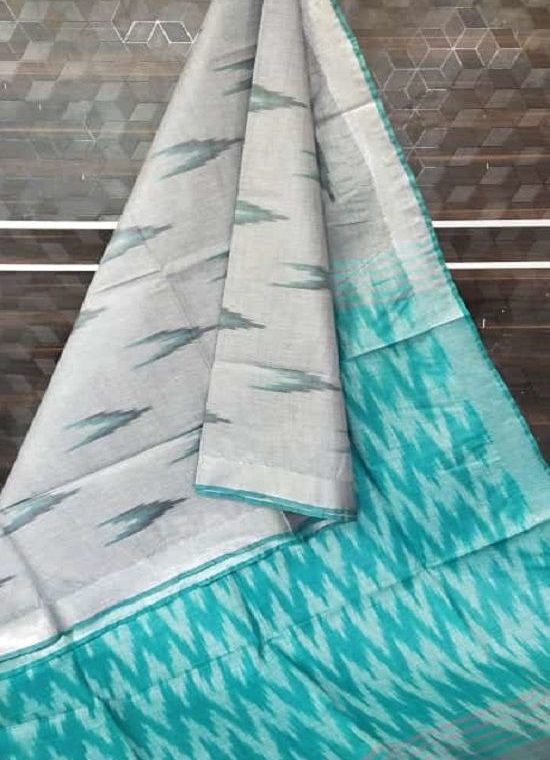 Grey Sea Green Fusion Ikkat Weave Pure Cotton Saree With Silver Border