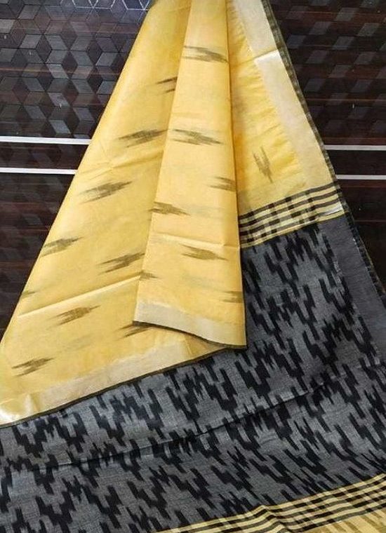 Mango Yellow Ikkat Weave Pure Cotton Saree With Silver Border