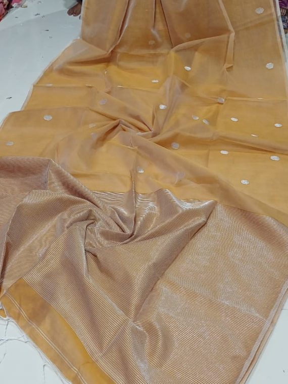 Mustard Brown Half And Half Cotton Silk Saree With Small Butti Weave