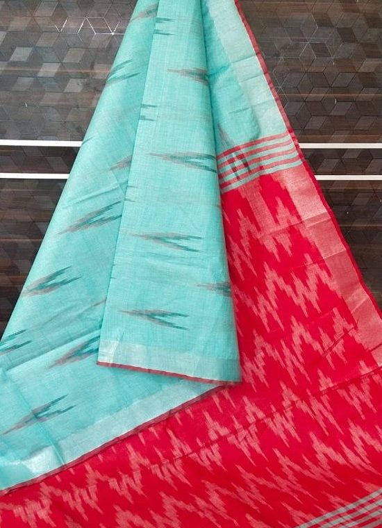 Ocean Blue Red Fusion Ikkat Weave Pure Cotton Saree With Silver Border