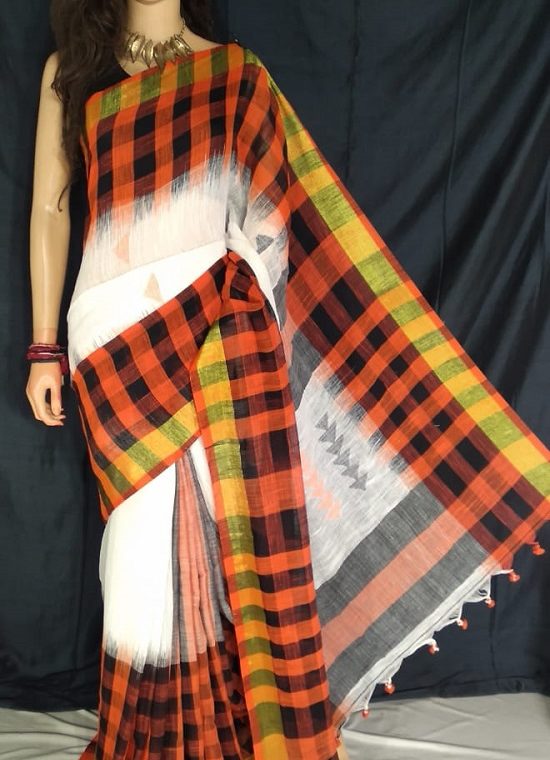 Orange Black Check Border White Cotton Saree