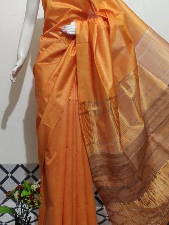 Orange Handwoven Mulberry Staple Silk Saree With Chiccha Pallu