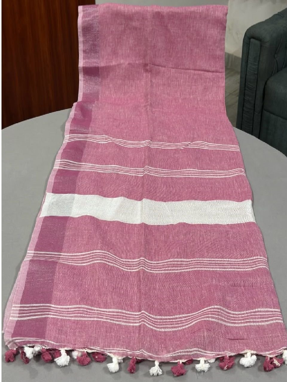 Peach pink plain Linen Saree with Silver BorderSept26 Peach pink plain Linen Saree with Silver BorderSept26