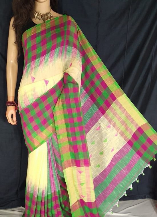 Pink Green Check Border Yellow Cotton Saree