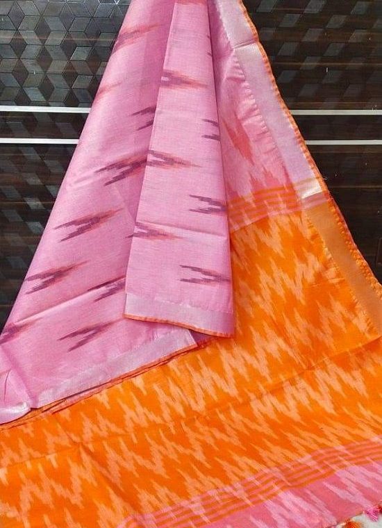 Pink Orange Fusion Ikkat Weave Pure Cotton Saree With Silver Border