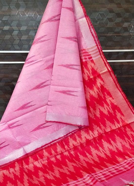 Pink Red Fusion Ikkat Weave Pure Cotton Saree With Silver Border