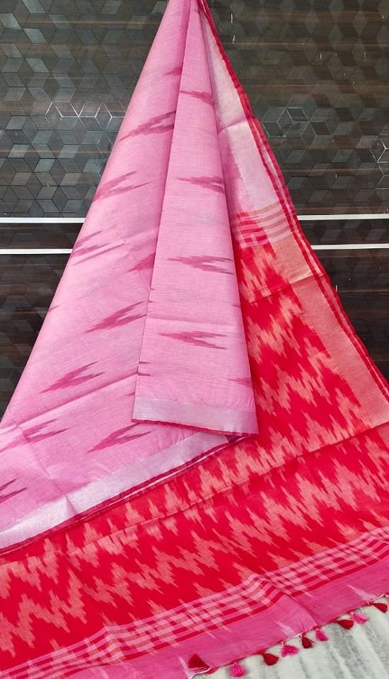 Pink Red Fusion Ikkat Weave Pure Cotton Saree With Silver Border