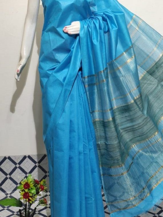 Plain Blue Handwoven Mulberry Staple Silk Saree With Chiccha Pallu