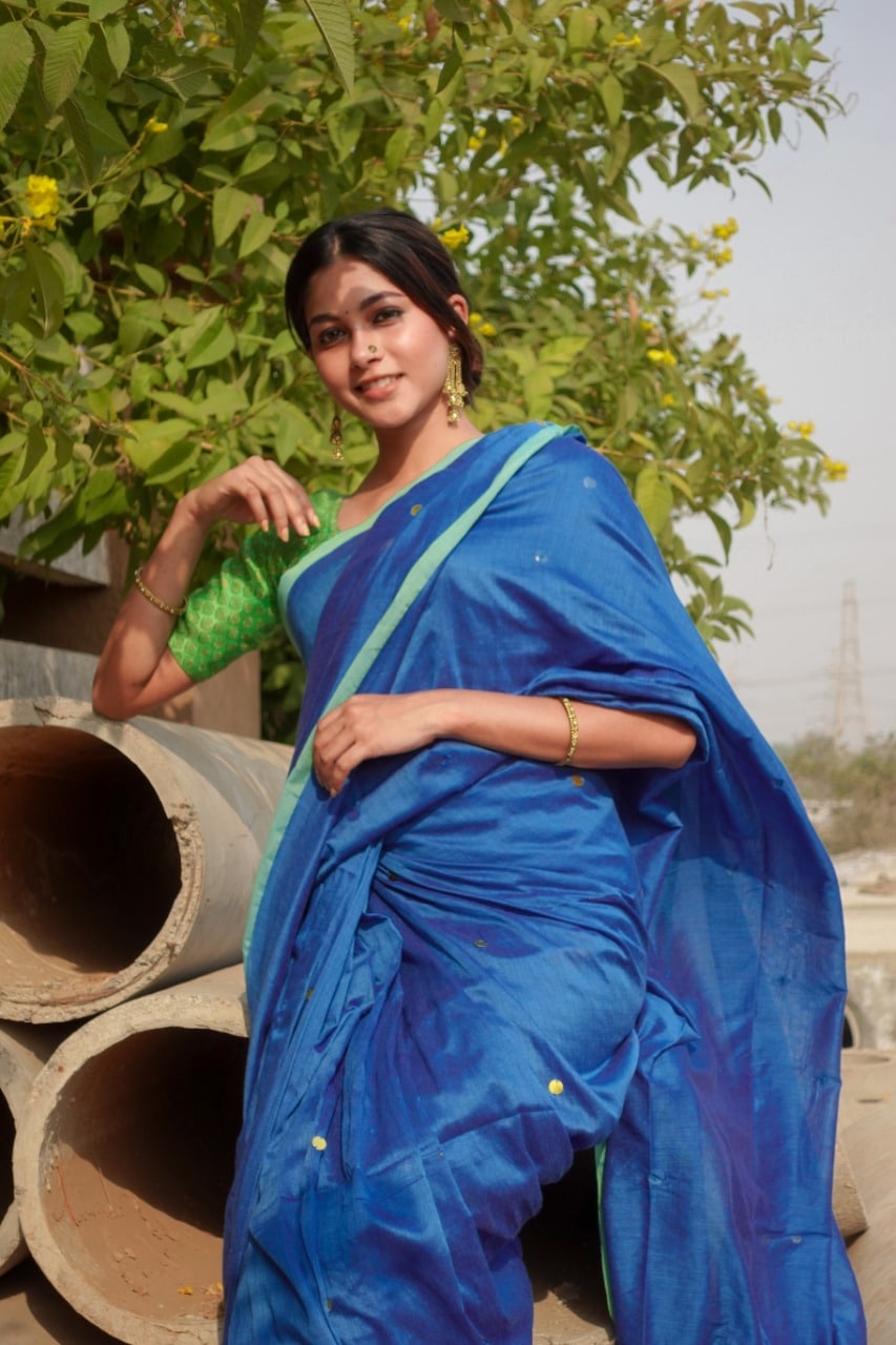 Divine Blue Pure Cotton Sequin Saree With Green Border - Loomfolks