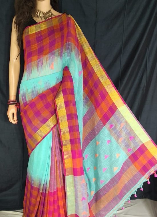 Purple Orange Check Border Sky Blue Cotton Saree