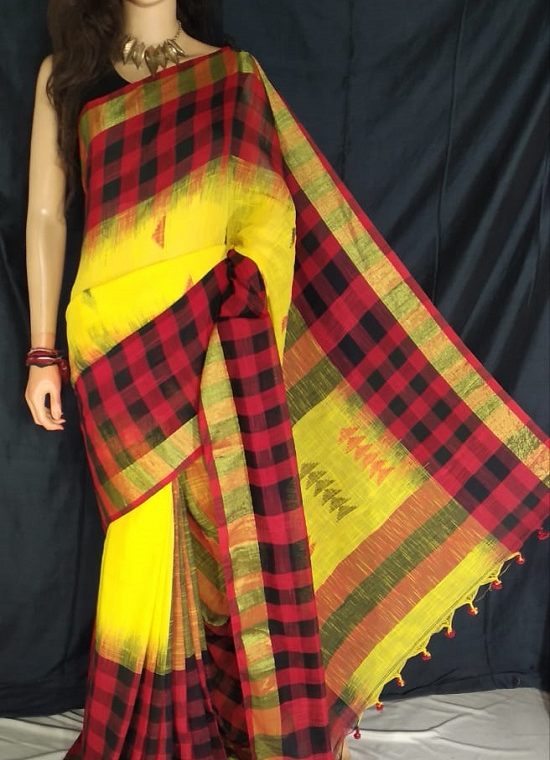 Red Black Check Border Yellow Cotton Saree