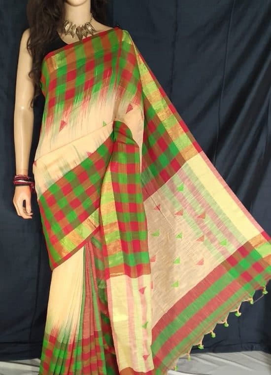 Red Green Check Border Cream Cotton Saree