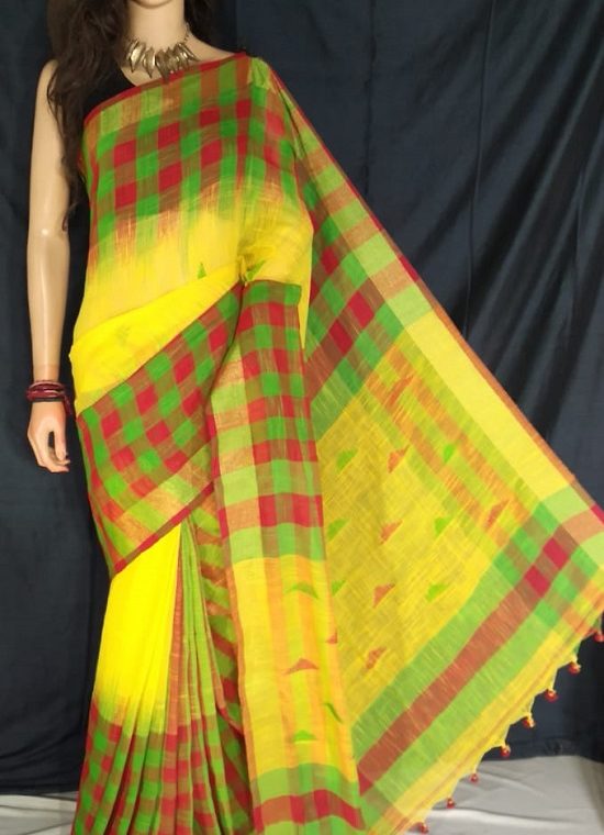 Red Green Check Border Yellow Cotton Saree