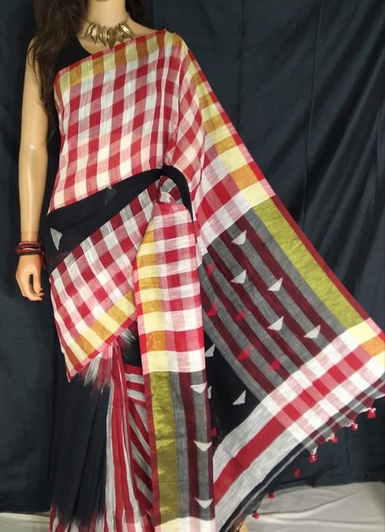 Red White Check Border Black Cotton Saree