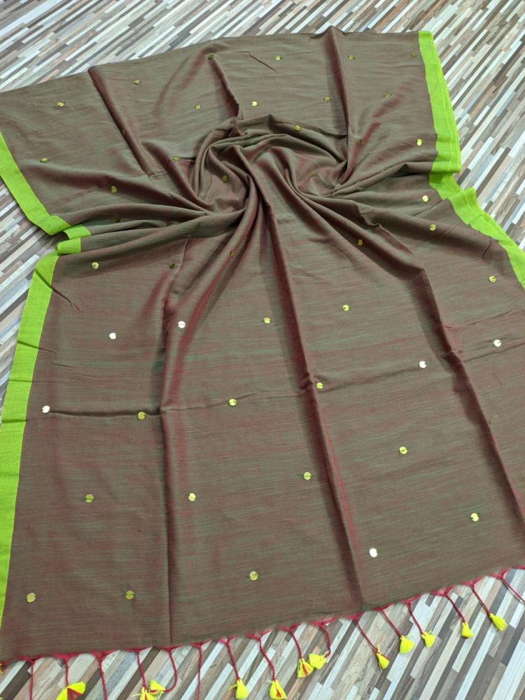 Reddish Green Fusion Pure Cotton Sequin Saree With Green Border