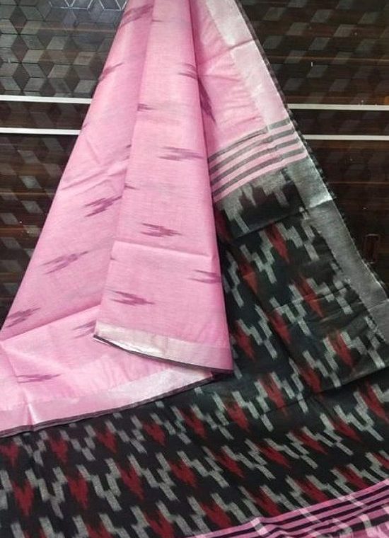 Rose Pink Ikkat Weave Pure Cotton Saree With Silver Border