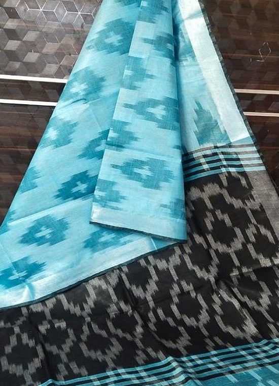 Sky Blue Black Fusion Ikkat Weave Pure Cotton Saree With Silver Border