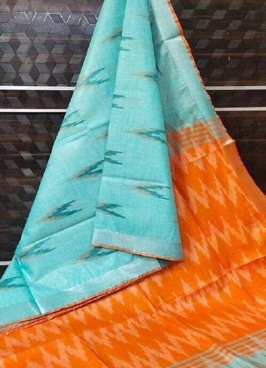 Sky Blue Orange Fusion Ikkat Weave Pure Cotton Saree With Silver Border